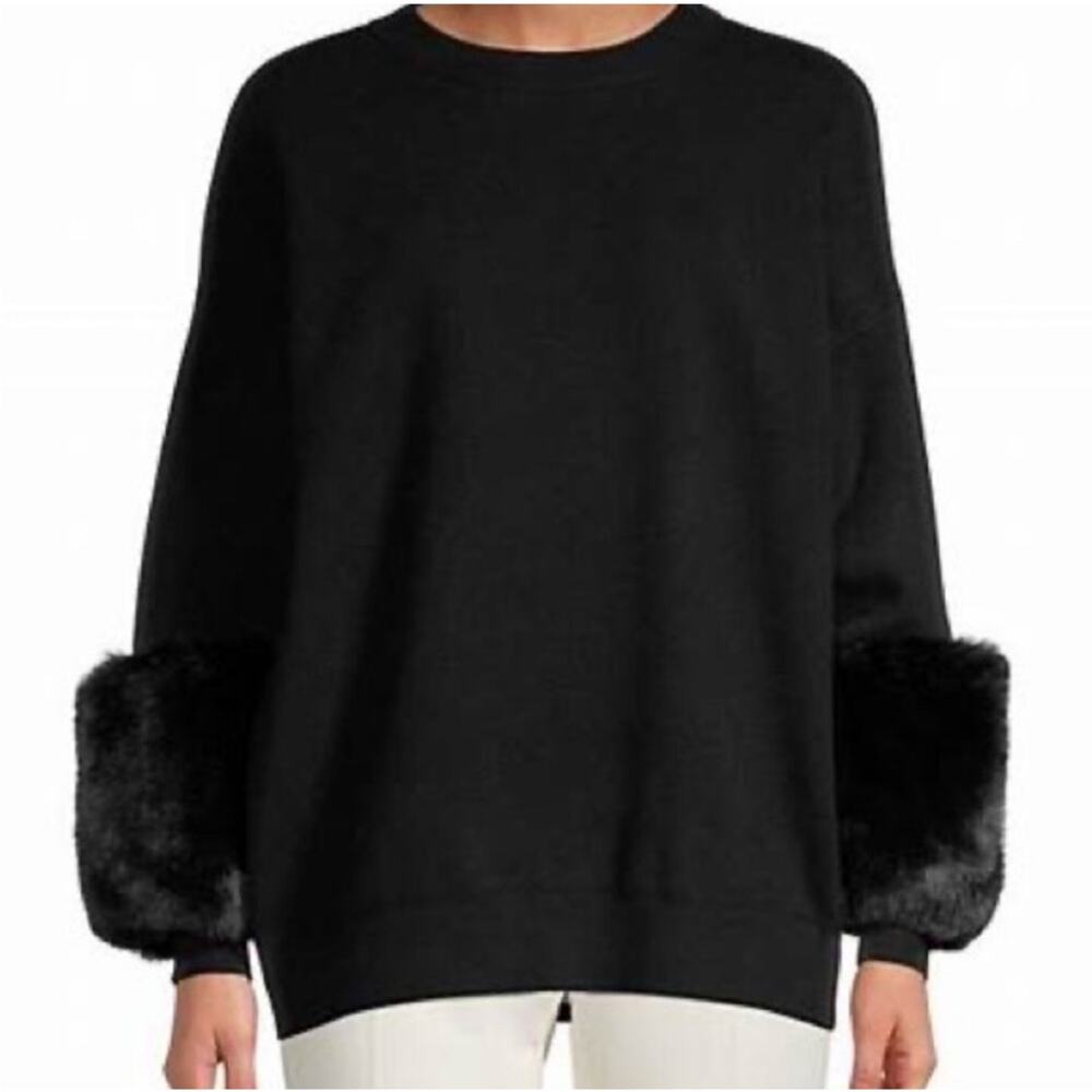 Saks Fifth Avenue Black Crewneck Sweater with Faux Fur Cuffs